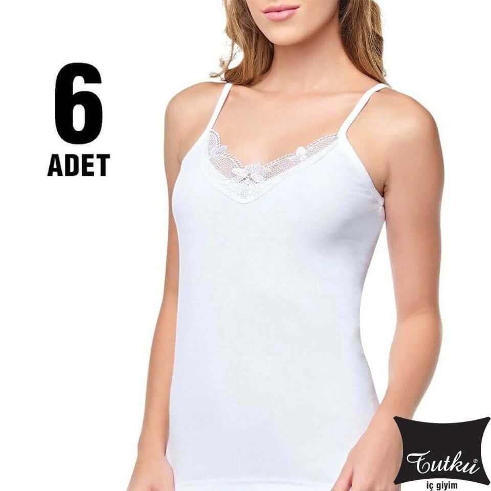 Tutku Beyaz Ribana Bayan İp Askılı Güpürlü Atlet 6'lı