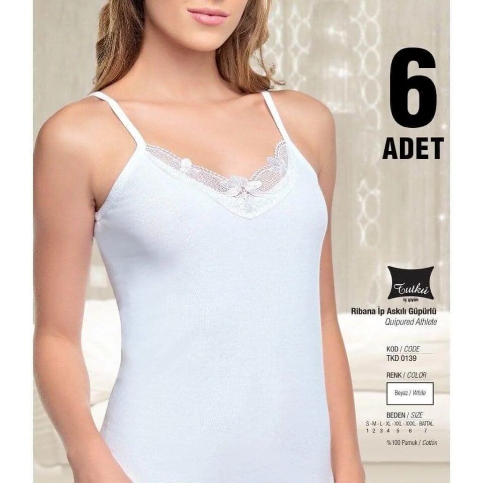Tutku Beyaz Ribana Bayan İp Askılı Güpürlü Atlet 6'lı (139)