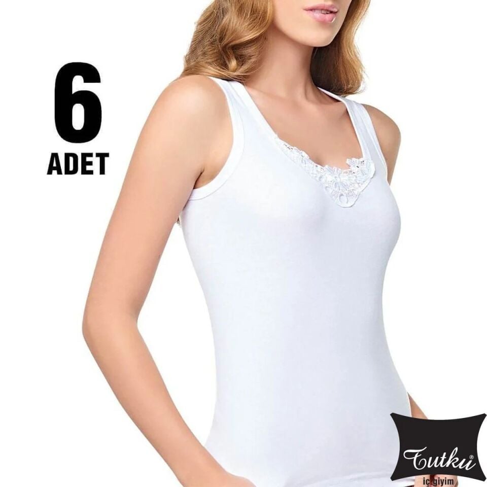 Tutku Beyaz Ribana Bayan Kalın Askılı Güpürlü Atlet 6'lı