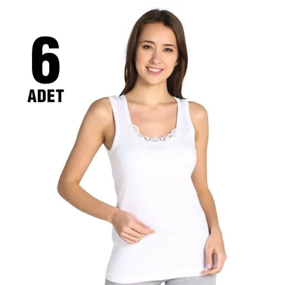 Tutku Beyaz Ribana Bayan Kalın Askılı Güpürlü Atlet 6'lı