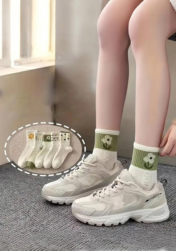 Yeşil Çiçekli Soket Çorap 5'li Paket