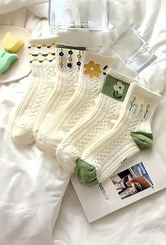 Yeşil Çiçekli Soket Çorap 5'li Paket