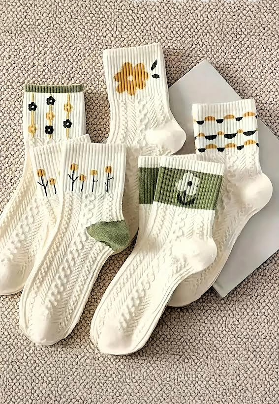 Yeşil Çiçekli Soket Çorap 5'li Paket